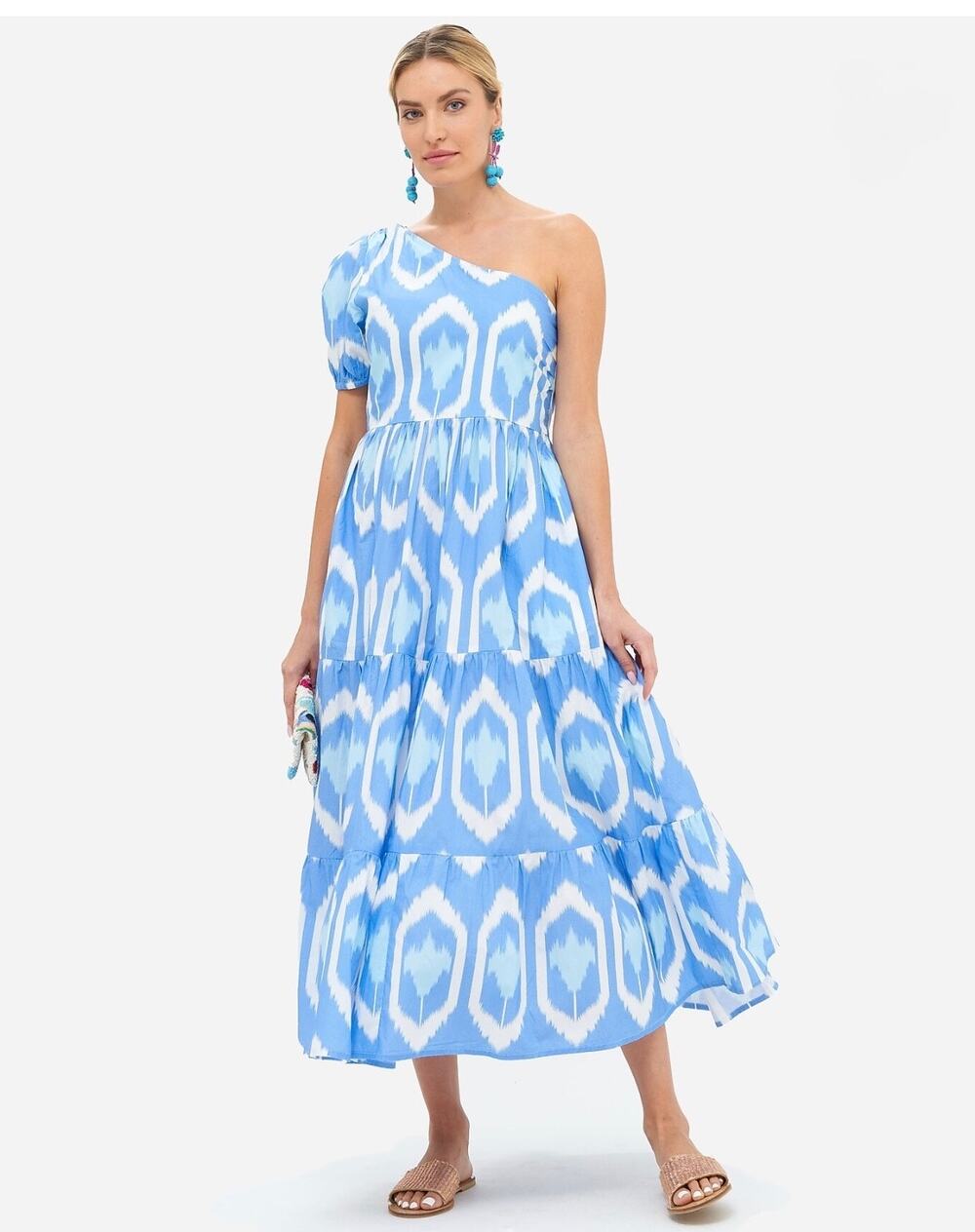 Oliphant One-Shoulder Printed Cotton Maxi Dress Blue Size Small